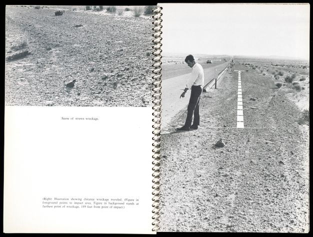 A two page spread of a spiral-bound book featuring two black-and-white photos of abandoned car parts, and some text on the bottom of the left page.