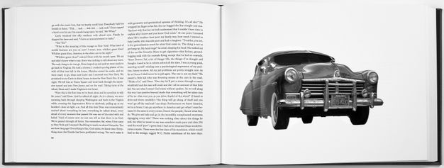 A book spread featuring text and a black-and-white photo in a silver frame.