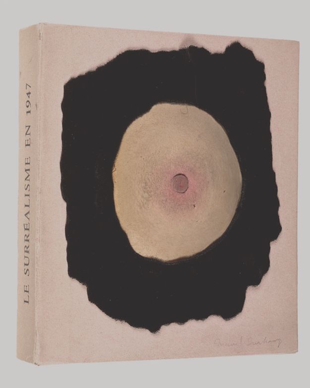 A book is propped up to show its front and back covers. On the back is a single breast on top of a gestural black shape.