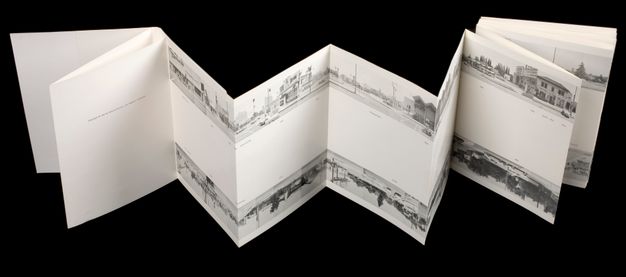 A book unfolded in an accordion fold showing two horizontal strips of black-and-white photos at the top and bottom. On the left is a gray book cover, and a title page reading “every building on the sunset strip.”