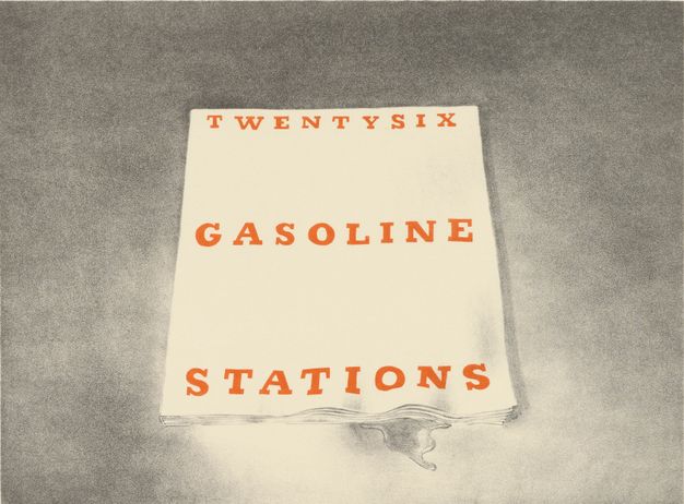 A lithograph featuring a white book cover receding in the frame perspectivally, set against a gray, clouded background. The text on the book cover reads “twentysix gasoline stations” in red, capitalized font.