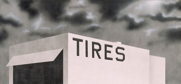 A black-and-white painting shows a white building with the word “TIRES” written in large letters on the side. A cloudy sky is in the background.