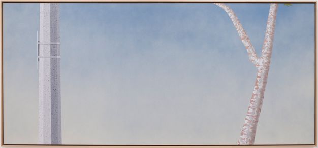 A horizontally oriented painting featuring a blank background that fades from pale yellow to pale blue with a lampost on the left and a tree trunk on the right.