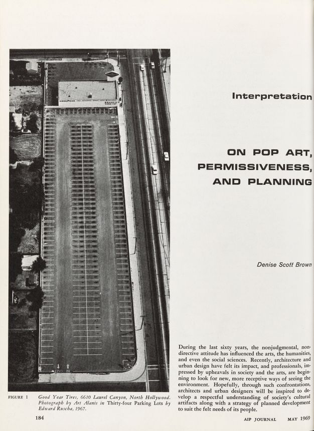 A page from a journal article shows a vertically oriented black-and-white aerial photo of a parking lot. The article title at left reads “On Pop Art, Permissiveness, and Planning.”