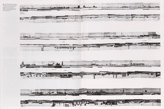 A two-page spread from a book showing eight black-and-white strips of photos that show the horizontal length of a street.