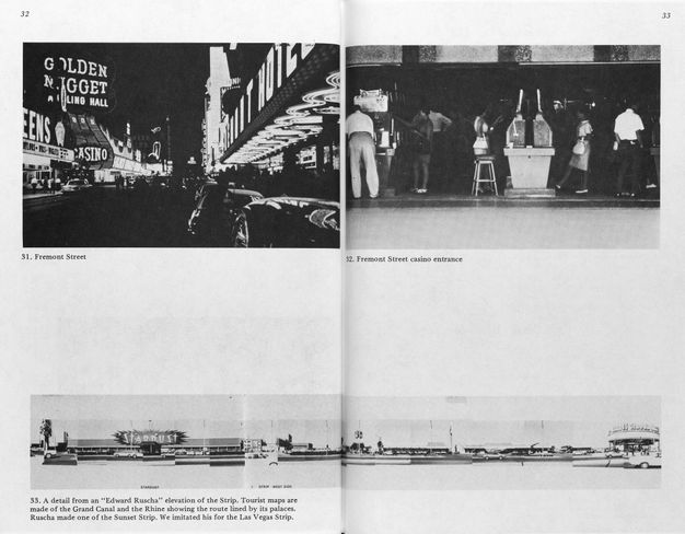 A two-page spread from a book that features four black-and-white photos of street scenes in a city. The photo on the bottom extends across the page and shows the horizontal span of a street.