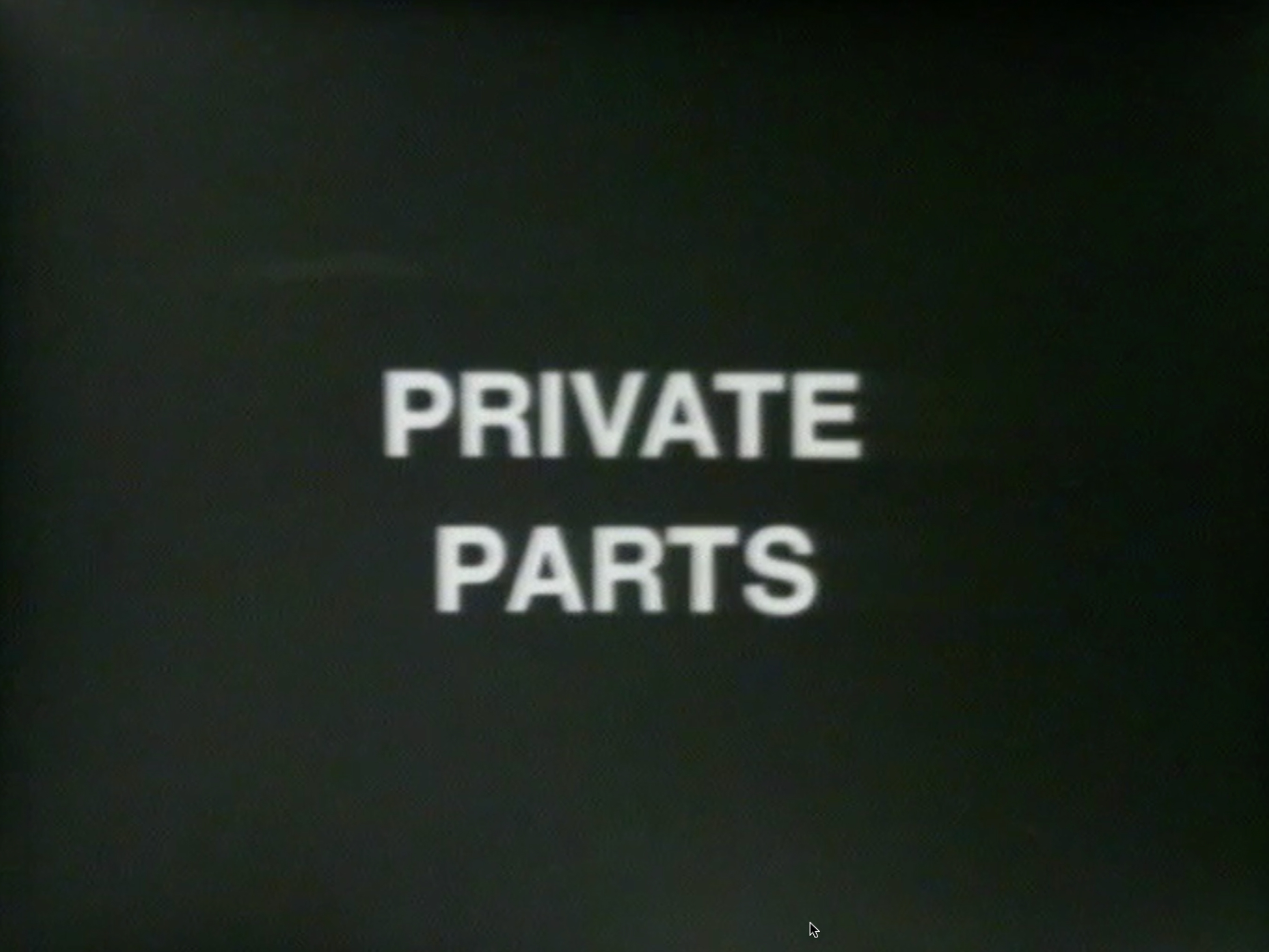 Color film opening with title card “Private Parts” in white on black background followed by a male voiceover accompanied by stable shots of empty public toilets and occupied home bathrooms. Video then cycles through title cards with white text on black background and hand-held color video of a group performing the actions from the previous title card. Video shows group of people sitting in conference room chatting. Pairs take turns exiting the room, walking down a hall, entering the bathroom together, and performing actions like washing hands in the toilet or sink, and speaking to each other. Film often cuts back to the conference room where the group discusses what the absent pair are doing in the restroom. Four by three aspect ratio.