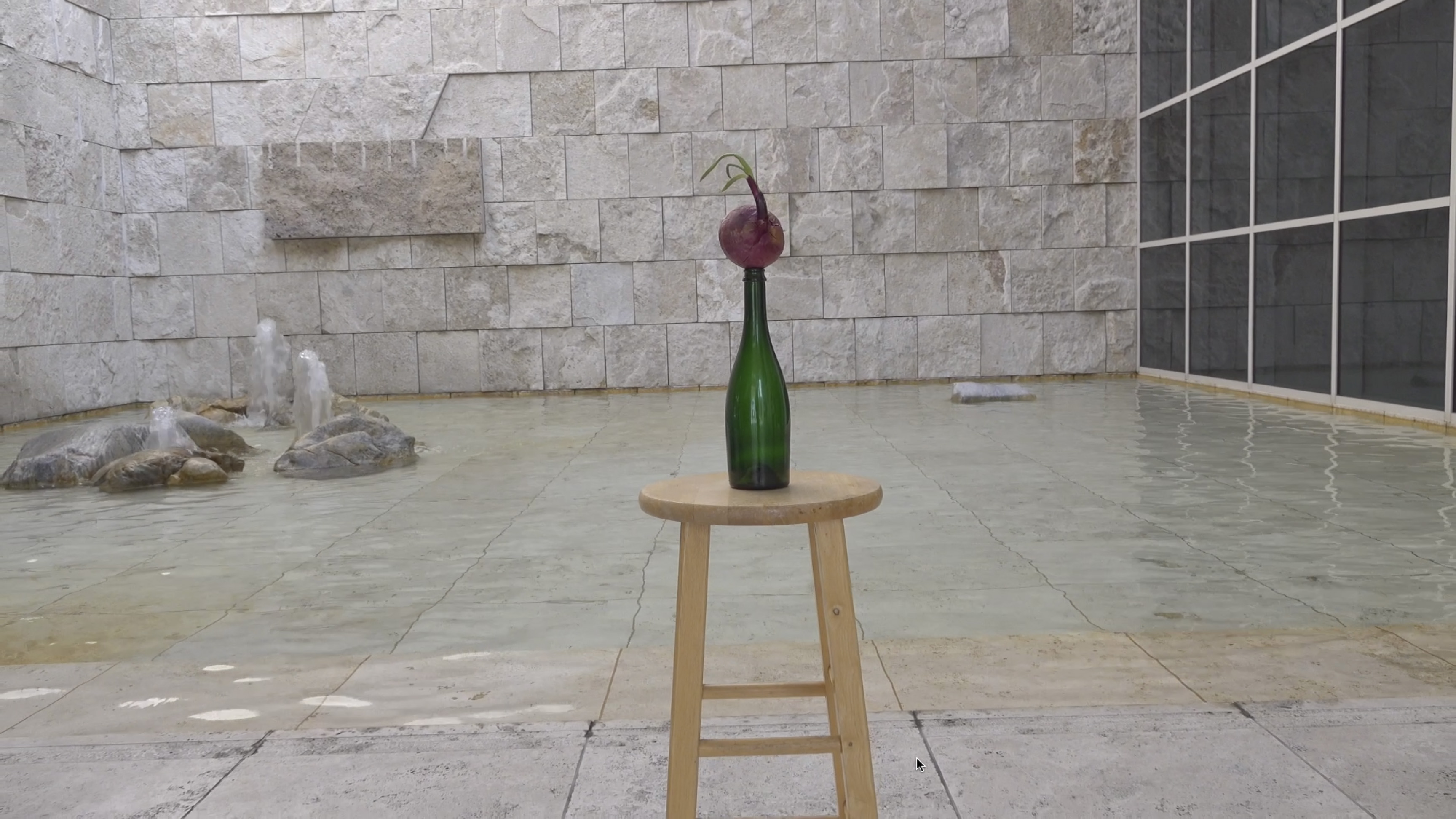 Color video showing a purple onion balanced on the mouth of a green wine bottle that is set on top of a wooden stool that is standing outdoors in front of a decorative stone fountain. An elderly woman in a wheelchair watches the onion and bottle carefully and at one point offers it a friendly wave.
