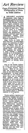 Photocopy of press clipping containing one page-long column of text titled “Art Review: Cage, Composer, Shows Calligraphy of Note” in large font followed by three sections of text, each separated by a single dot on an otherwise blank line.