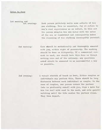 White page with black typewritten text in English. “Notes to Soap” at left below top margin followed by three paragraphs of text at right and three labels, “1st morning and 1st evening”, “2nd morning”, and “2nd evening” at left. Each section separated by blank lines. Text covers two thirds length of the page. 