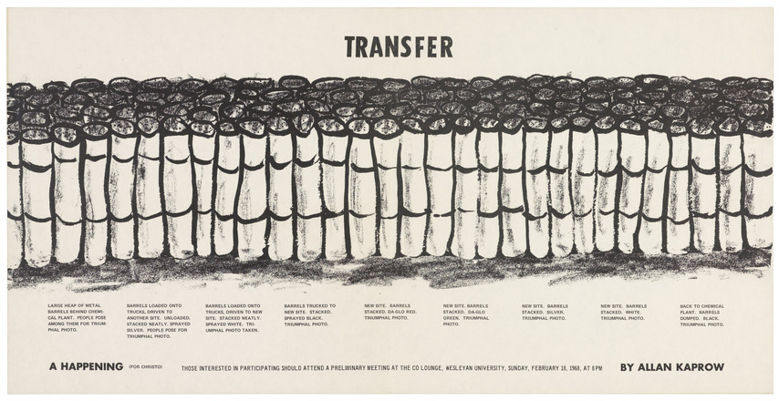 Horizontal rectangular white flyer with black print and graphic. “Transfer” at top center in all caps followed by illustration of bunched vertical cylindrical shapes forming a band that spans the width of the flyer. Eight paragraphs below band, each describing happening to take place. “A Happening” at bottom left and “By Allan Kaprow” at bottom right. Information for participation in between. 