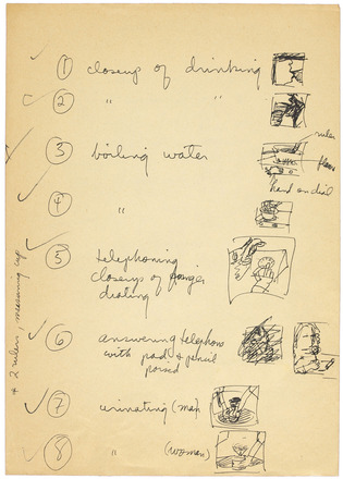 Cream page with handwritten numbered list covering length of page. Phrase and small hand drawn illustration to right of numbers. 