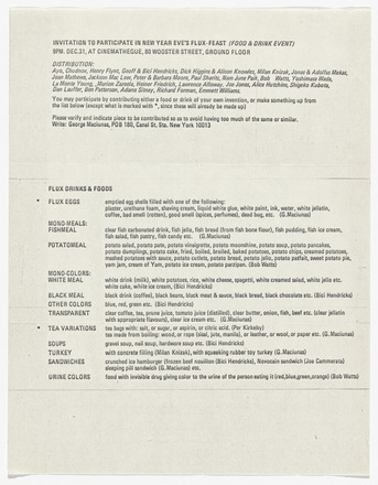 Square-shaped white page with black print in English. “Invitation to Participate in New Year Eve’s Flux-Feast (Food Drink Event)” followed by event information on top quarter of page. Center blank. Bottom half contains list of “Fluxus Drinks & Foods”, each with ingredients and culinary artist.