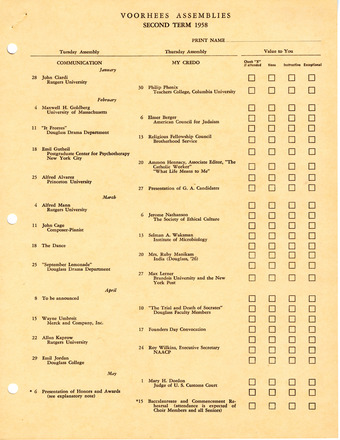 White page with black print in English. “Voorhees Assemblies Second Term 1958” at top center. Three columns below covering length of page, the left two with list of lectures titles and lecturers and rightmost with checkboxes rating “Value to You.” “22 Alan Kaprow Rutgers University” on April 22 near bottom of page. 