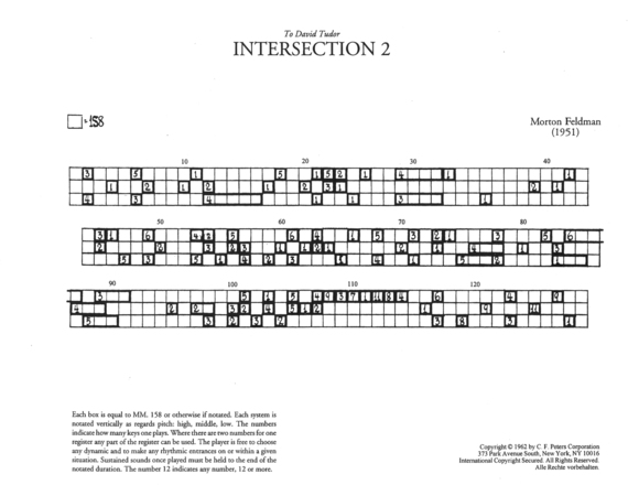 Black-and-white photocopy of a hand-drawn score with printed text in English. Page contains three horizontal staves made from three vertically stacked printed squares repeated more than forty times. Throughout the staves, boxes are outlined and contain handwritten numbers, with some boxes joined horizontally to make larger rectangles. At the top of each stave, intervals of ten are indicated with a printed number.