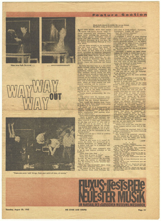 Yellowing newspaper sheet containing black-and-white photographs and black printed text. Two photos and title graphic “Way Way Way Out” on left and two columns of text in English on right. Photographs show men on a stage in motion, the first a man smashing a violin. Text columns run the length of the page. 