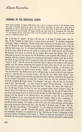 White page in magazine with “Alison Knowles” at left in top margin followed by “Journal of the Identical Lunch” and one justified paragraph of black print in English that runs the length of the page. “182” at bottom left. 