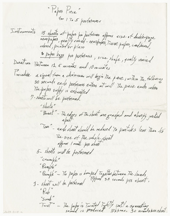 White page with black handwritten text in English titled “‘Paper Piece’ for 1 to 5 performers” at top center. Page contains three sections with left-aligned headers “Instruments,” “Duration,” and “Procedure,” each followed by indented text list of instructions, some full sentences, others single words. Text runs the length of the page with procedure section covering more than two thirds of the page.