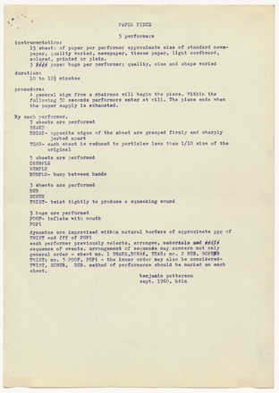 White page with blue typewritten text in English titled “Paper Piece” at top center followed by three sections with left-aligned headers “instrumentation,” “duration,” “procedure,” and “By each performer” each followed by indented text list of instructions, some full sentences, others single words. Text covers two thirds length of the page, with “by each performer” section covering more than half of the page. “benjamin patterson sept. 1960, köln” below text, aligned right. Bottom third of page blank.