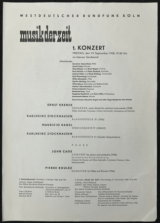Verso of white page program, with black text in German. Title at top left in large bold font reads “musik derzeit.” Majority of page bisected vertically at center, with composers on left and composition titles on right. Time, date, and location of performance at top of text on the right side of the page.