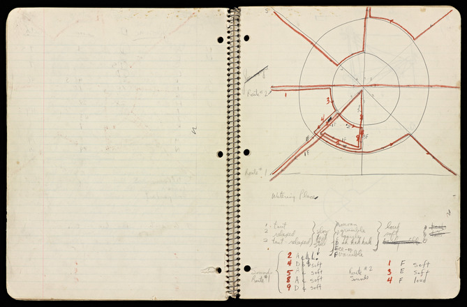 Lined page in spiral notebook, the top half containing a black pen radial diagram annotated with red off-shooting lines, letters. and numbers, and the bottom half, several short numbered lists with single English language adjectives.