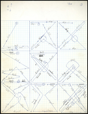 White graph paper divided into nine equally sized boxes, each containing diagrams comprised of diagonal and curving lines, each annotated in pencil with numbers, circles, and verbs. All diagrams in blue pen, all handwritten text in pencil. Top margin unlined, labeled “Steve 3” at top right.