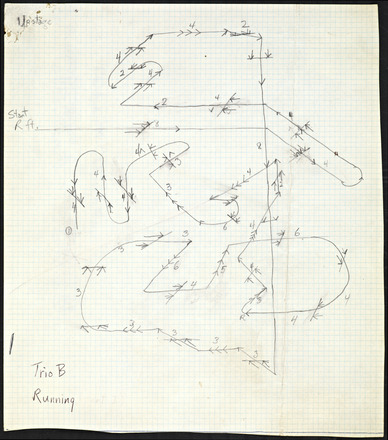 White graph paper divided into nine equally sized boxes, each containing diagrams comprised of diagonal and curving lines, each annotated in pencil with numbers, circles, and verbs. All diagrams in blue pen, all handwritten text in pencil. Top margin unlined, labeled “Steve 3” at top right.