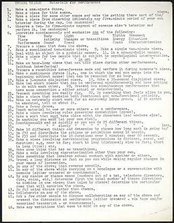 White page with black typewritten text in English titled “YVONNE RAINER Materials for Performance” followed by 46-point numbered list, each with an imperative sentence. List covers the length of the page and utilizes thin margins.