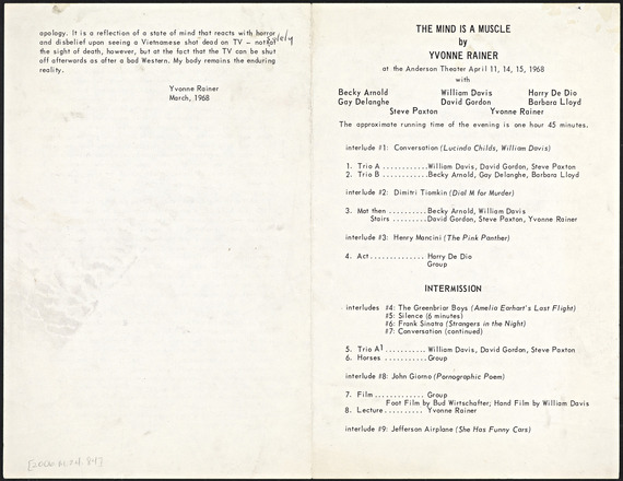 White flyer with black printed text in English folded vertically at center. Left contains personnel, sponsors and contributors involved in staging “The Mind Is A Muscle.” Right contains a three paragraph personal statement by Yvonne Rainer that fills the length of the page.