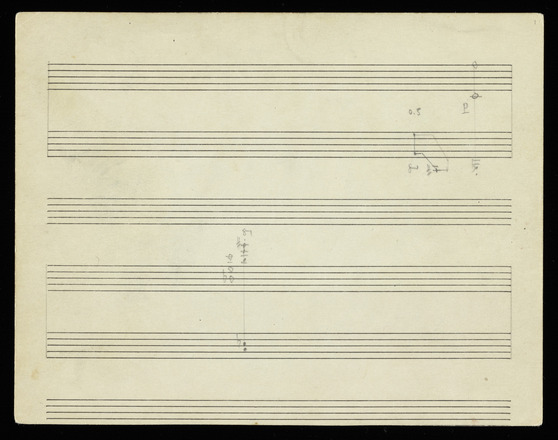 Eighty horizontal rectangular manuscript papers, each with six horizontal black printed staves and, in pencil, musical notation symbols, letters, numbers, and small polygons no larger than the height of the staff. Most musical notes are represented by small dots. Pages are sparsely populated by notation, with most containing six or fewer groupings with an average of five markings. Paginated 1–88 at top right in margin. Pages numbered 13, 14, 27, 28, 51, 52, 65, and 66 missing.