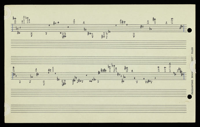 Fifty-four loose leaf horizontal rectangular cream pages, each with two hole punches at leftmost edge and printed on front and back with six horizontal staves. Pages contain hand-drawn graphic notations in red, blue, or black ink and pencil. Most markings are either black circular musical notes connected by straight or curving line segments to create large shapes atop a staff or single red circular notes attached to red rectangular boxes filled with blue text by vertical lines. Any staff containing notation is marked with blue bar lines at either end. Each page contains a vertically oriented identifying string of letters and numbers at bottom left. Generally, notations span the width of a staff when present. Five pages are sparsely populated with fewer than ten discrete notations.  