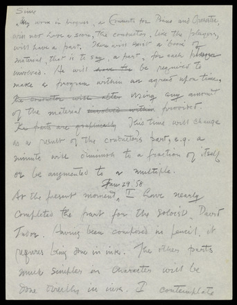 White page with handwritten English-language correspondence in pencil. Double-spaced lines cover three-quarters of the page. Several corrections and stricken-through phrases in pencil throughout. Small diagram of horizontal lines vertically stacked into a band with a circle at center. Page has thin margins, and bottom quarter is blank.