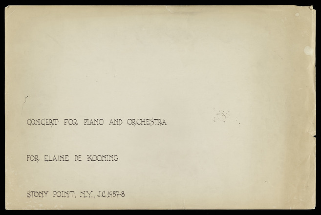 Thirty horizontal rectangular cream pages, each with black hand-drawn graphic notations made up of horizontal staff segments and circular musical notes. Notes are often connected by curving or straight lines to create shapes atop the staff. Graphics contain other musical notation symbols, numbers, and letters. Most pages contain at least three discreet graphics placed sparsely throughout the page. Most pages are less than 50 percent covered. Two pages are filled with four columns of handwritten text in English and one page filled with typewritten paragraphs in English. 