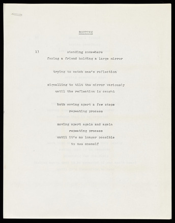 White page with black typewritten text in English. “Routine” at center below top margin followed by eleven lines of center-aligned double-spaced text that cover one half of the page. “1)” at left in line with first line of text Staple at top left. 