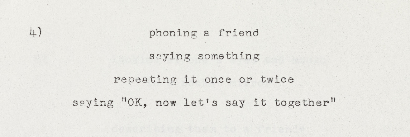 Rectangular horizontal white paper with black typewritten text in English. “4)” at top left. Four lines of double-spaced text each with one phrase at center running the length of the paper. 