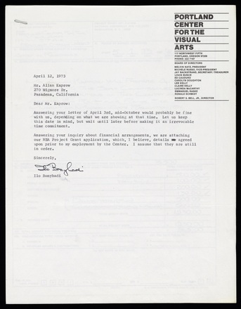 White page with black print in English. Portland Center of the Arts letterhead in top right corner. Correspondence from Bonyhadi to Kaprow containing two paragraphs with two sentences each. Bottom half of page blank. 