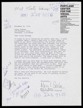 White page with black print in English. Portland Center of the Arts letterhead in top right corner. Correspondence from Beebe to Kaprow containing three paragraphs that covers half of the page. Handwritten notes in pencil and blue pen in margins.