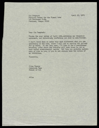 White page with black typewritten correspondence containing two paragraphs covering one quarter of page from Kaprow to Bonyhadi. Wide left margin.