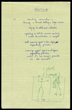 Yellow lined notebook page with handwritten text in green and blue. Most pages contain one number at left (1-5) with text arranged into verses running the length of the page at right. Single words and phrases stricken through and replaced. 