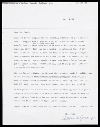 White page with black typewritten correspondence in English. Large top margin with date followed by two paragraphs of double-spaced text that cover bottom two thirds of page. One line stricken through. (One version with Kaprow signature at bottom right)