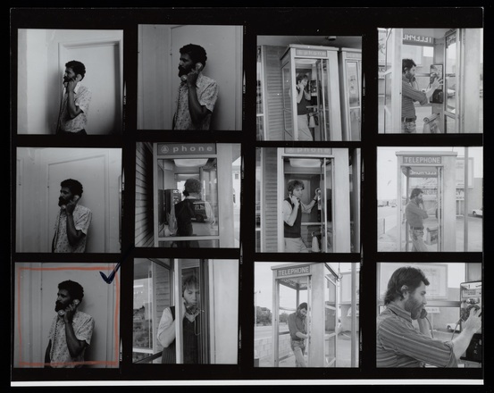 Black and white photographic contact sheet showing individual portraits of three different men talking on the telephone, either indoors or in a phone booth.