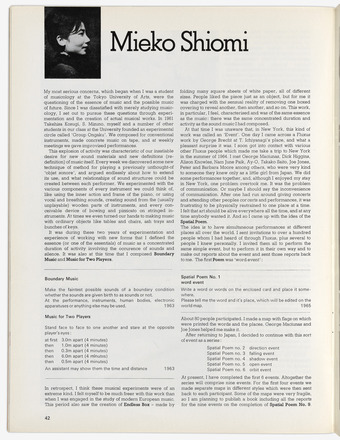 Black and white pages excerpted from magazine. At top left is a profile photo of a woman and, at right, the name “Mieko Shiomi” in large text, followed by two columns of text that continue to the bottom of the page. Text interspersed with printed examples of Shiomi’s scores.