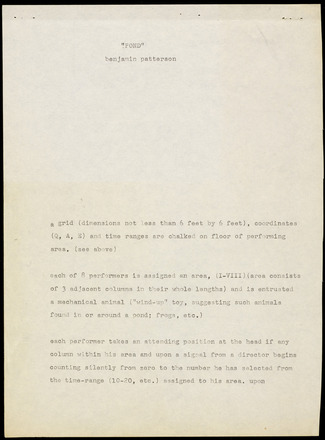 White page with black typewritten text in English. Titled “‘Pond’“ at top followed by “benjamin patterson” at top center below margin. Three paragraphs of double spaced text begin just below center and run to the end of the page.