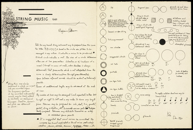 White two-page spread with black symbols and handwritten text in English. Left page contains title “String Music” at top left, followed by three paragraphs beginning one quarter from the top of the page. Large left margin contains drawing resembling tree and one short paragraph of text. Right page contains list of symbols, each some variation of an outlined circle, labeled with a word or a few short sentences. Circles are modified with hashes, short curves, letters, and crosses. List of over thirty symbols covers entire page.