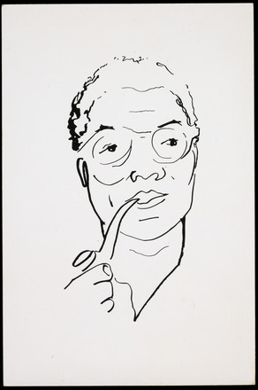 White page with black line portrait of man in glasses smoking from a pipe at his lips. 