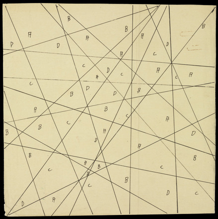 Cream square page with matrix of diagonal lines crossing the page from one side to another to create an array of polygons, many with a single letter A, B, C, or D inside.