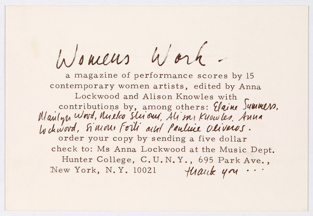 Horizontal rectangular white paper black print paragraph in English at center. “Womens work,” names of participating artists, and “thank you...” handwritten. Otherwise, print.