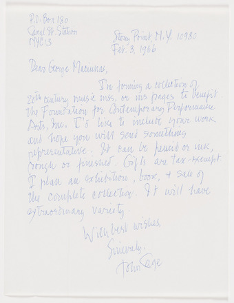 White page with black handwritten text in English. “Dear George Maciunas” at top left below writer and recipient addresses in top margin followed by one paragraph that covers the central two thirds of the page. Signed from John Cage at bottom center.