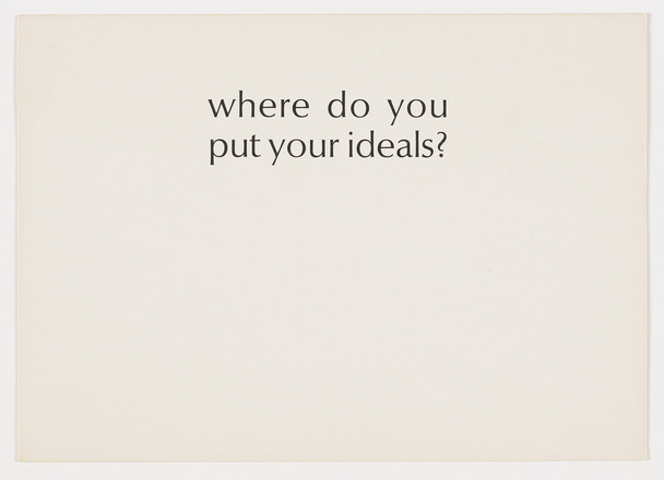 White postcard with blue handwritten text in English. Handwritten notes at left and address for John Cage at bottom right. Open spot for stamp at top right. Small black printed text at top left reads “from AMPLE FOOD FOR STUPID THOUGHT by Robert Filliou.”