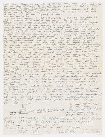 Recto of white lined notebook page with black handwritten correspondence in English. Thin lines of text cover entire page; no margins. Use of all-capitalized words throughout. Small diagram of funnel, rectangle and circle at bottom left. “Dear Ben” at top left.